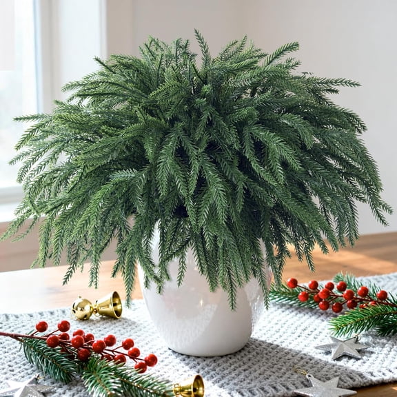 Minibee 16 Pcs Christmas Norfolk Pine Stems Artificial Pine Branches, 18" Real Touch Fake Christmas Greenery Stems, Faux Branches Picks for Xmas Indoor Outdoor Decor