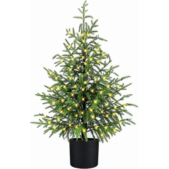 Minibee 2FT Norfolk Pine Tree with LED Lights – Artificial Real Touch Potted Christmas Tree with Black Pot for Indoor Holiday Decorations