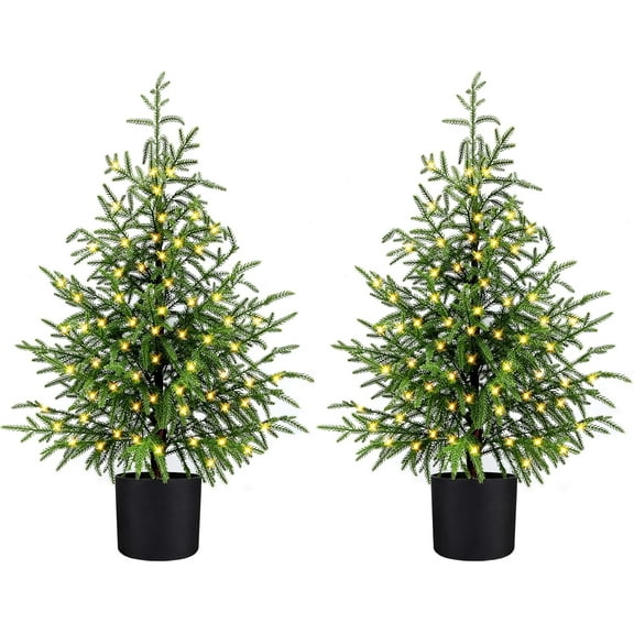 Minibee 2FT Norfolk Pine Tree with LED Lights – Artificial Real Touch Potted Christmas Tree with Black Pot for Indoor Holiday Decorations