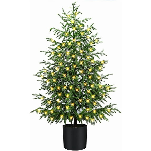 Minibee Artificial Norfolk Pine Tree with Lights, 2FT Pre-Lit Christmas Tree with Black Pot for Living Room or Entryway