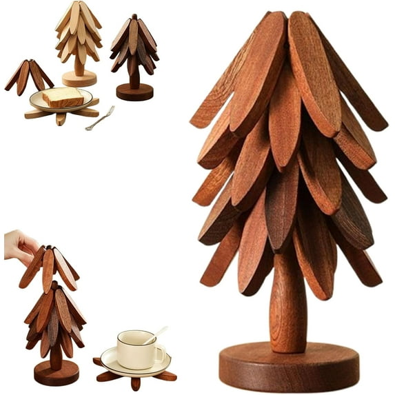 Minibee Creative Tree Trivet Set – Wooden Natural Tree Trivet Set with 5 Heatproof Pads & 1 Stand, Ideal for Christmas Gift or Everyday Kitchen Use