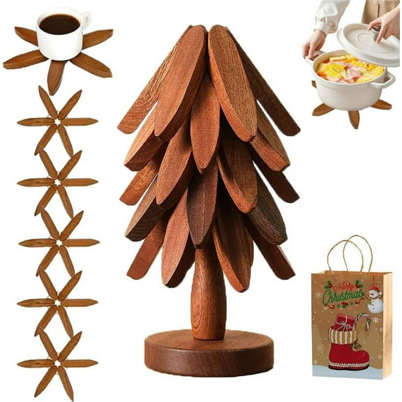 Minibee Foldable Kitchen Tree Trivet Set | 5-Piece Natural Tree Trivet Set with a Holder Perfect for Pots, Bowls, and Pans