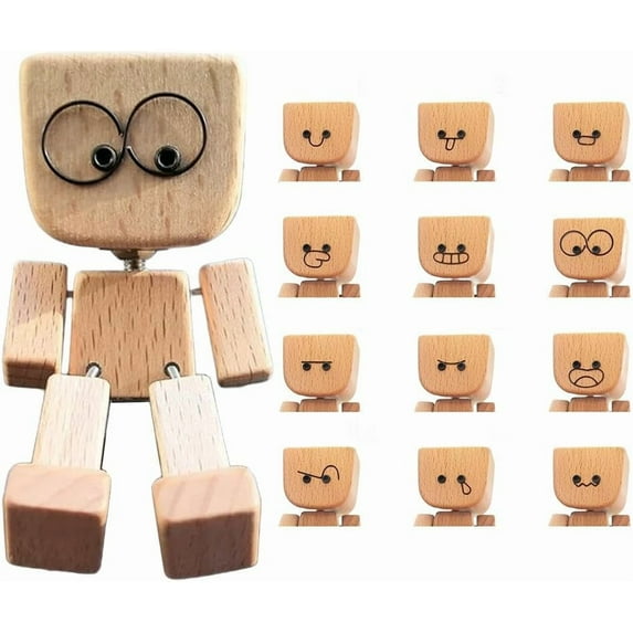 Minibee Funny Shaking Wooden Man Figurine, Swaying Wooden Doll with Expressions Bobblehead