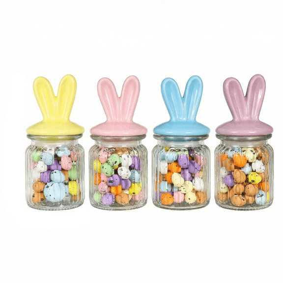 Minibee Glass Easter Candy Jars with Ceramic Bunny Ear Lids, 4Pcs Sealing Bunny Jars in Pastel Colors for Storage, Mini Eggs, Cookies, Tray, Kitchen, Home Spring Decor