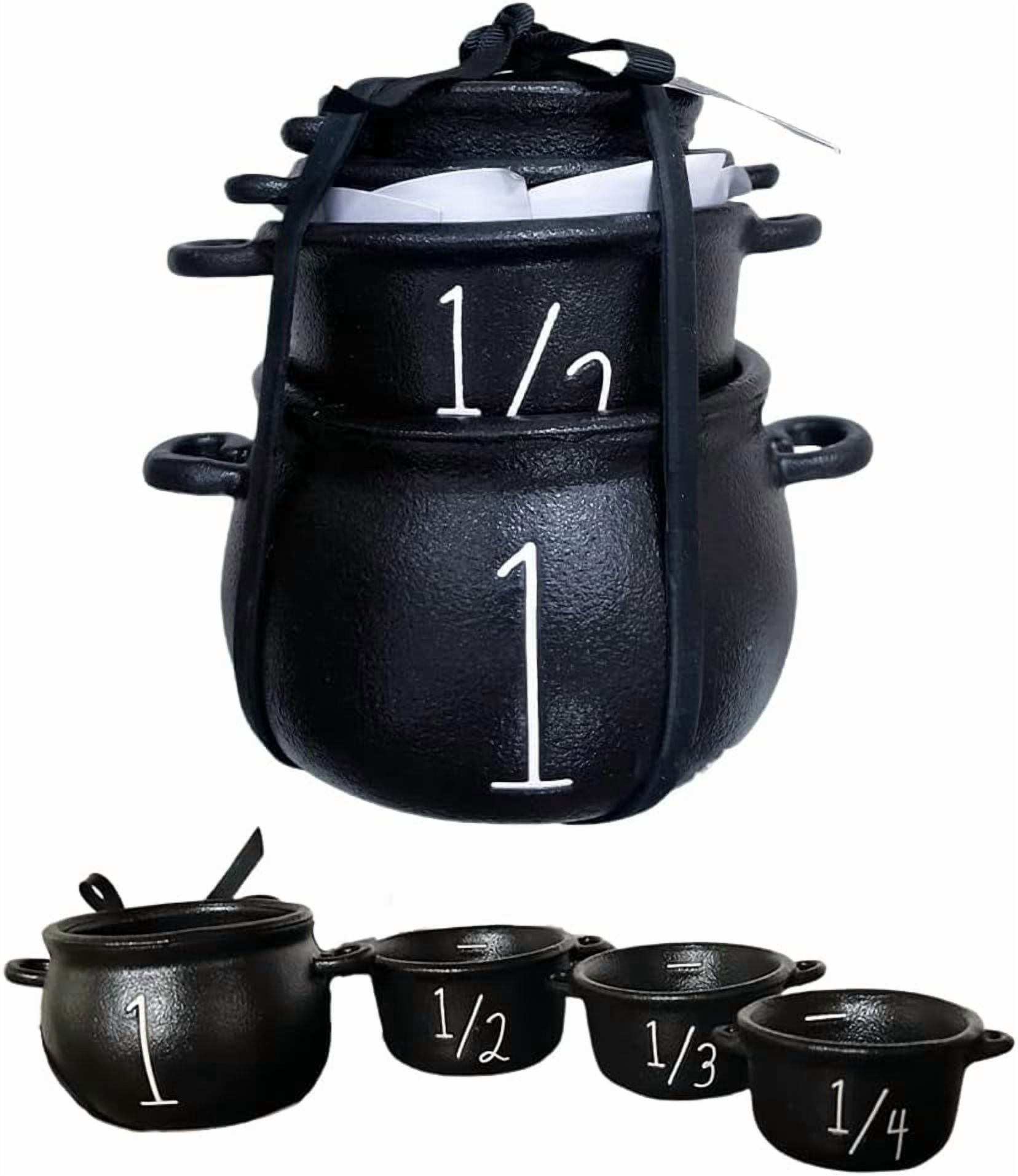 Minibee Halloween Decorations Mini Witch Cauldron Measuring Cups Set  4 Pcs Black Cauldron Measuring Cups with Handle, Halloween Candy Bucket & Kitchen Decor