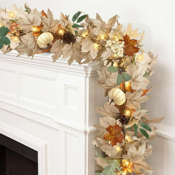 Minibee LED Fall Garland for Mantle Lighted Maple Leaf Pumpkin Fall Garland for Thanksgiving & Harvest Decor