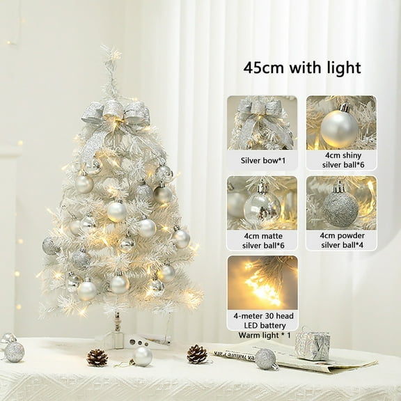 Minibee Mini Christmas Tree Tabletop Decoration – Silver White Small Christmas Tree with LED Light String and Glitter Ornaments for Xmas Decor