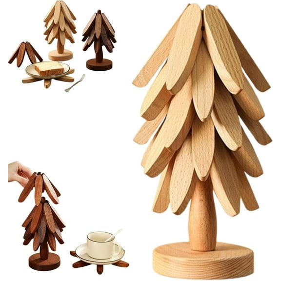 Minibee Natural Tree Trivet Set for Hot Dishes | 5-Piece Foldable Tree Trivet Set with a Stand | Great Christmas Gift