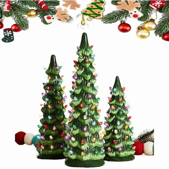 Minibee Retro Hand-Painted Ceramic Christmas Trees with ights up, 13.7" Tabletop Christmas Tree Holiday Decorations Battery Powered