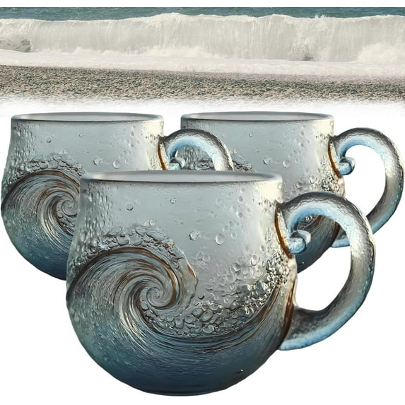 Minibee Sea Glass Wave Mug, Handblown with a Textured Ocean Swirl, Unique Glass Coffee & Tea Cup for Beach-Themed Kitchens and Thoughtful Gift Giving