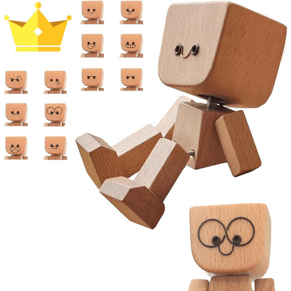 Minibee Shaking Wooden Man Doll, 2025 New Wooden Figurine with Magnetic Faces - Fun Car Dashboard Decor