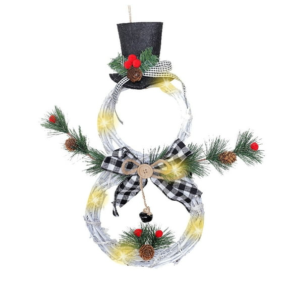 Minibee Snowman Christmas Wreath, 15.7" Decorative Christmas Wreath Snowman Garland, Lighted Front Door Hanging Ornament for Home Xmas Wall Decoration