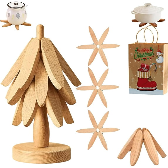 Minibee Tree Trivet Set – 3 Wooden Trivets & 1 Stand Stored, Foldable Natural Tree Trivet Set for Hot Dishes, Pots, and Bowlsa