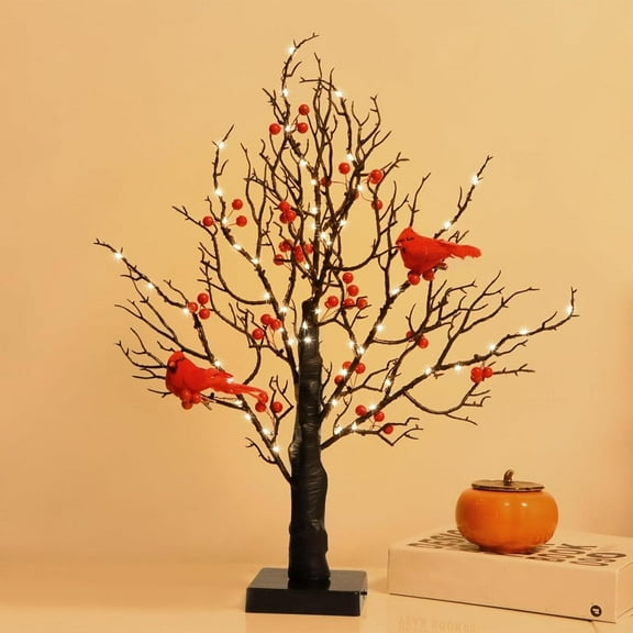Minibee Vintage Glowing Tree with Cardinals, 21" LED Vintage Glowing Tree with Red Berries and Birds Tabletop Holiday Decorations