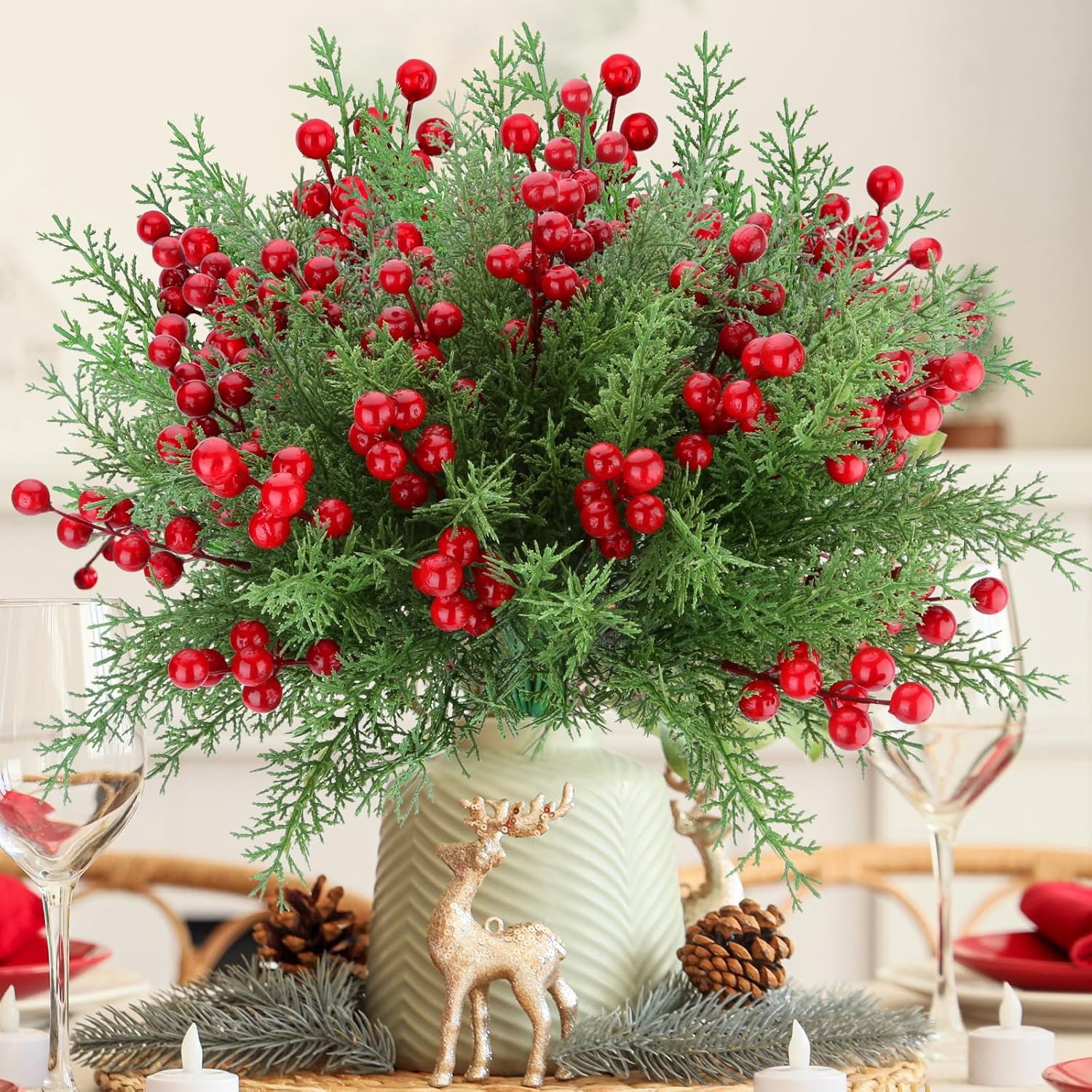 Minibee 8 Bundles Fake Pine Branch Christmas Flowers with Berries, Realistic Christmas Flowers Artificial for Holiday Home Styling