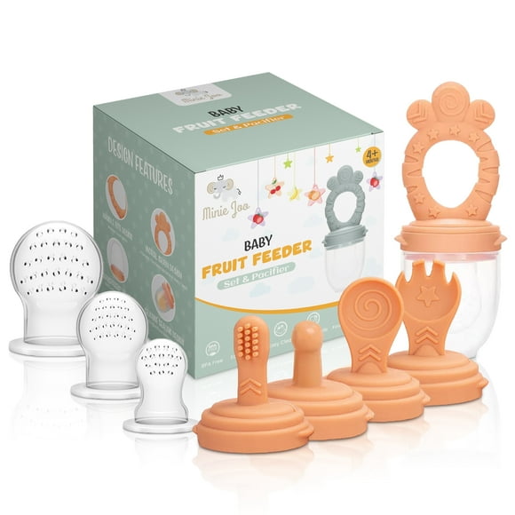Minie Joo Silicone Baby Food Feeder & Teether, 3 Pacifier Pouches, Infant Teething Toy & Self-Feeding Set (Orange)