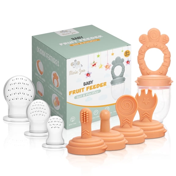 Minie Joo Silicone Baby Food Feeder & Teether, 3 Pacifier Pouches, Infant Teething Toy & Self-Feeding Set (Orange)