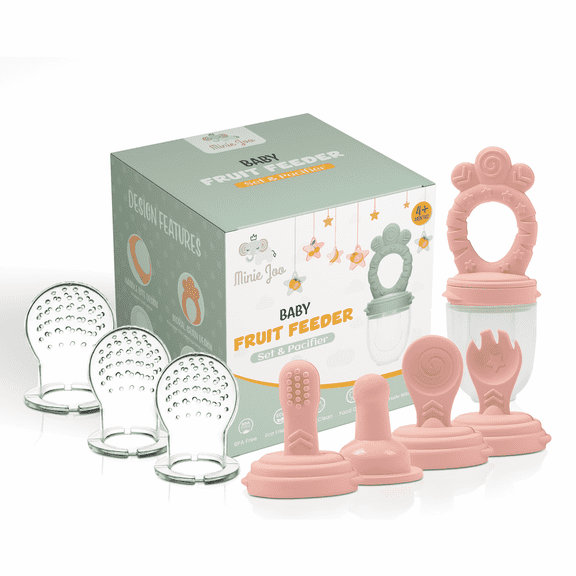Minie Joo Baby Fruit and Food Feeder & Teething Pacifier Set, 3 Pacifier Pouches, Pink
