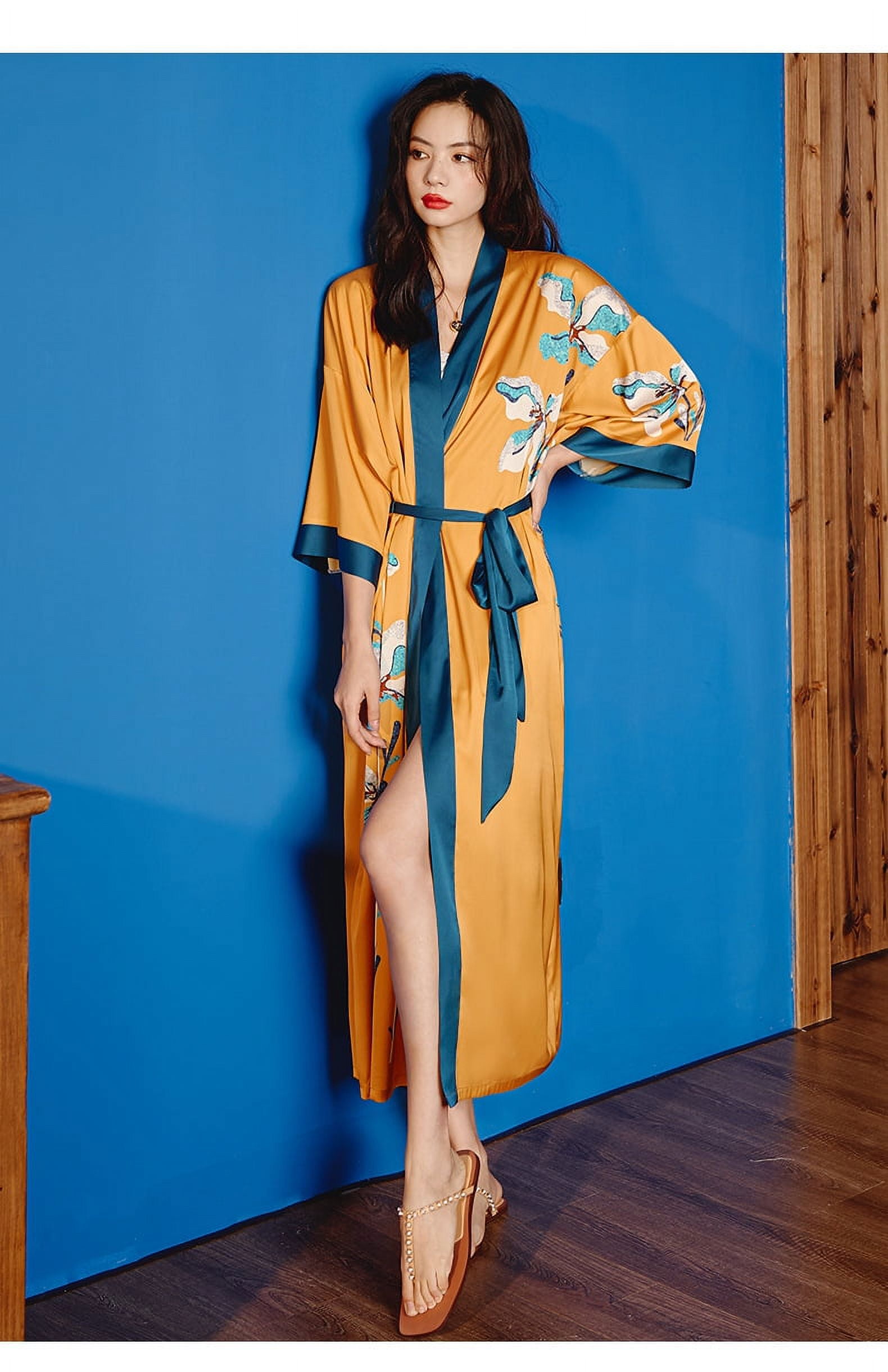 Minifaceminigirl Kimono Robes for Women Long Satin Robe Floral Silk Robes  Kimonos Bathrobe Dressing Gown, One Size