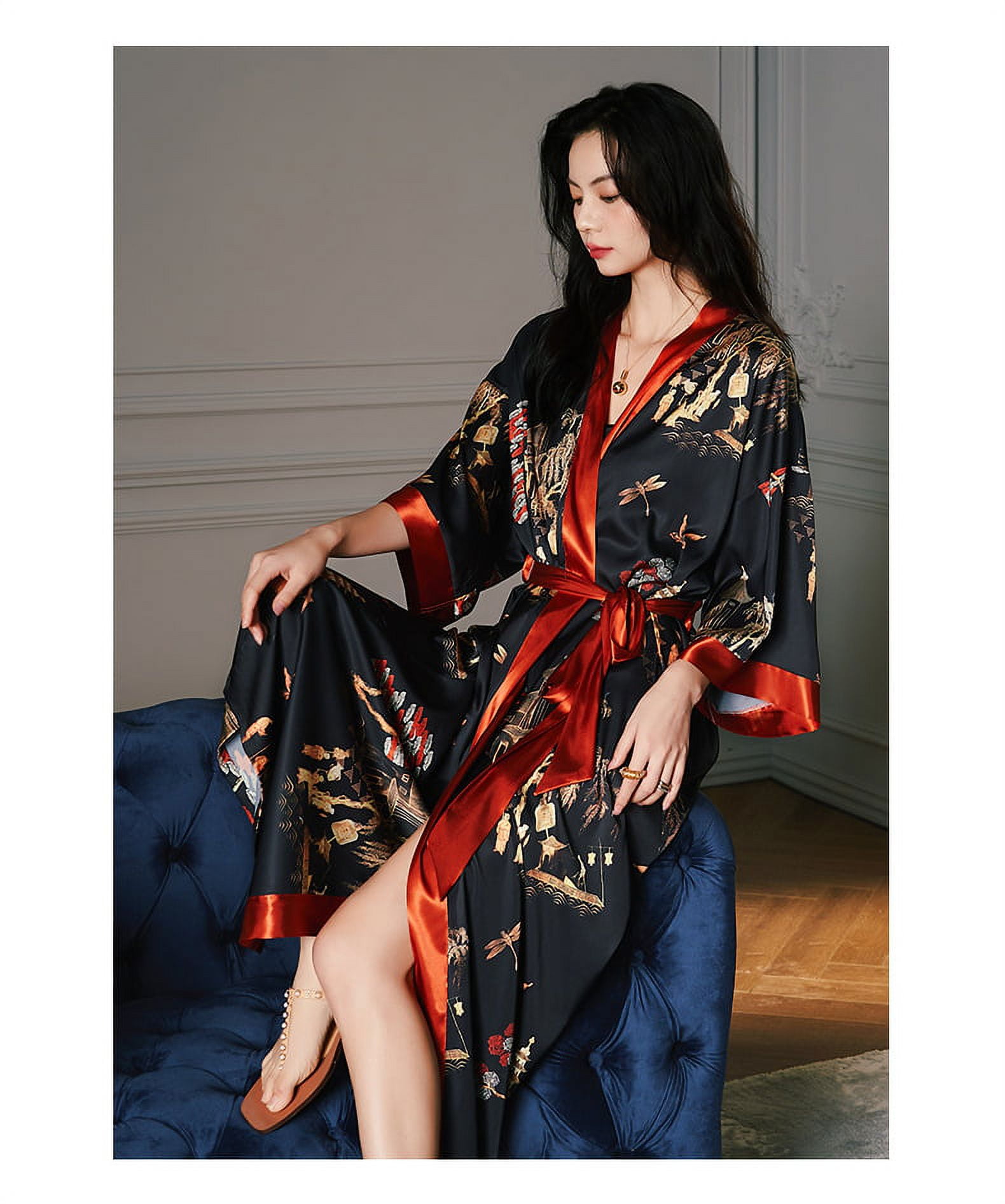 SHOOLIN Floral Pattern Kimono Robe Long Bathrobe For Women ||Women's Cotton Kimono  Robe Long - Floral || 3/4 Sleeve Kimono For Women's (Red Floral)