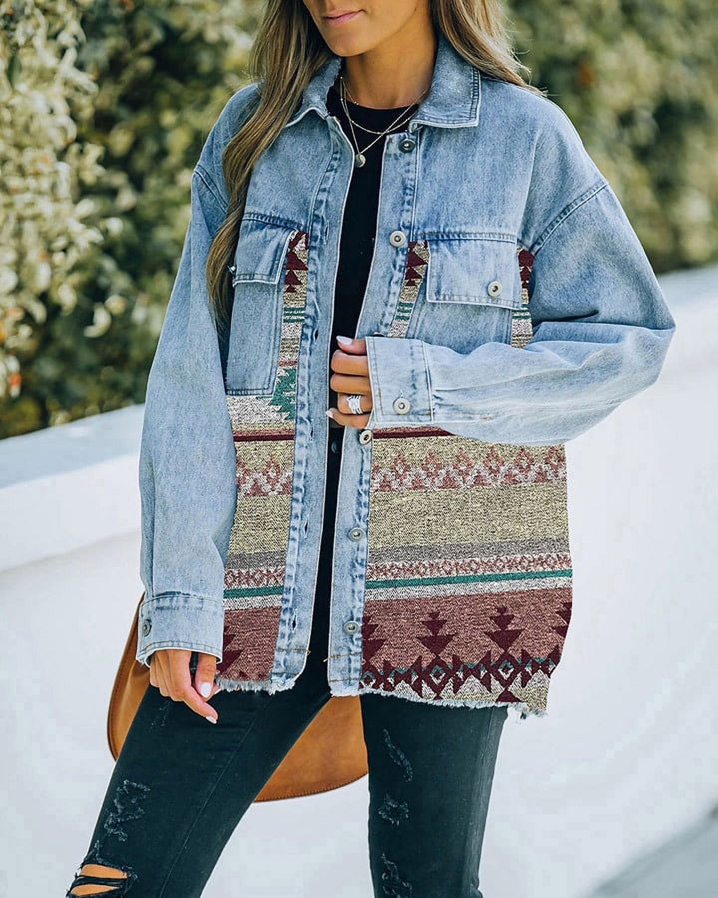 Minifaceminigirl Women's Denim Jacket Aztec Shacket Distressed Lapel Long  Sleeve Button Down Denim Jacket Coat