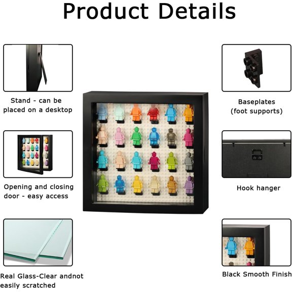 Minifigure Display Case with Base Plate - Foldable Minifigure Memorabilia Display Cabinet with Real Glass for Wall and Table Top Builiding Minifigures Small Objects Collection, Small Black