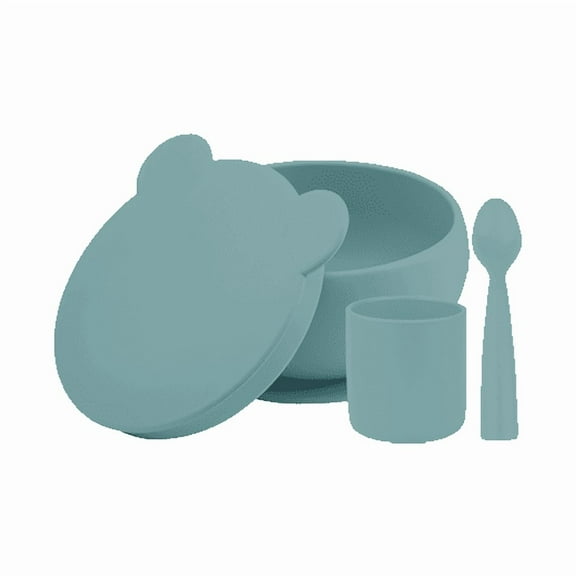 MinikOiOi BLW Set I - Aqua Green 100% Food Grade Silicone BLW SET I Silicone Feeding Set (Bowl with Lid+Cup+Spoon) Suitable for Oven, Microwave, Air Fryer, Fridge, and Deep Freezer, Toddler Set, 6m+