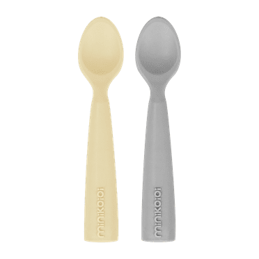 MinikOiOi Scoopers - Mellow Yellow / Powder Gray 100% Food Grade Silicone Scoopers 2Pc Toddler Spoon, Baby Training Spoon 6 Months +, BPA-Free, Gentle On Teething Gums, Dishwasher Safe