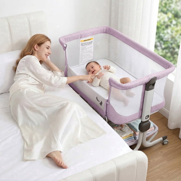 Minikid 3-in-1 Baby Bassinet Bedside Sleeper, 6 Height Adjustments, Full Mesh Breathable, Portable Newborn Baby Crib with Storage Basket, Pinkish Purple