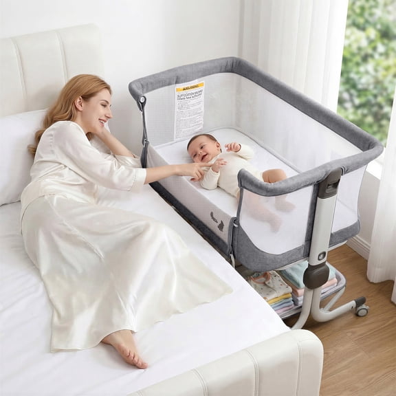 Minikid 3-in-1 Baby Bassinet Bedside Sleeper, 6 Height Adjustments, Full Mesh Breathable, Portable Newborn Baby Crib with Storage Basket,Dark Gray