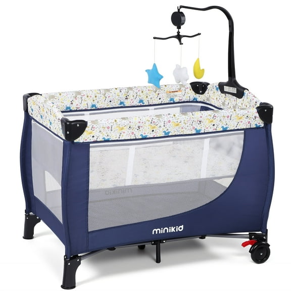 Minikid Baby Playard with Bassinet,Unisex Playpen Include Music Box and Hanging Toys,Portable Crib for Newborn to Toddlers,Blue
