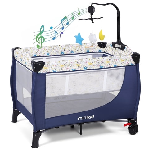 Minikid Nursery Center Playard with Bassinet Music and Toys, Baby Playpen for Newborn to Toddlers,Blue