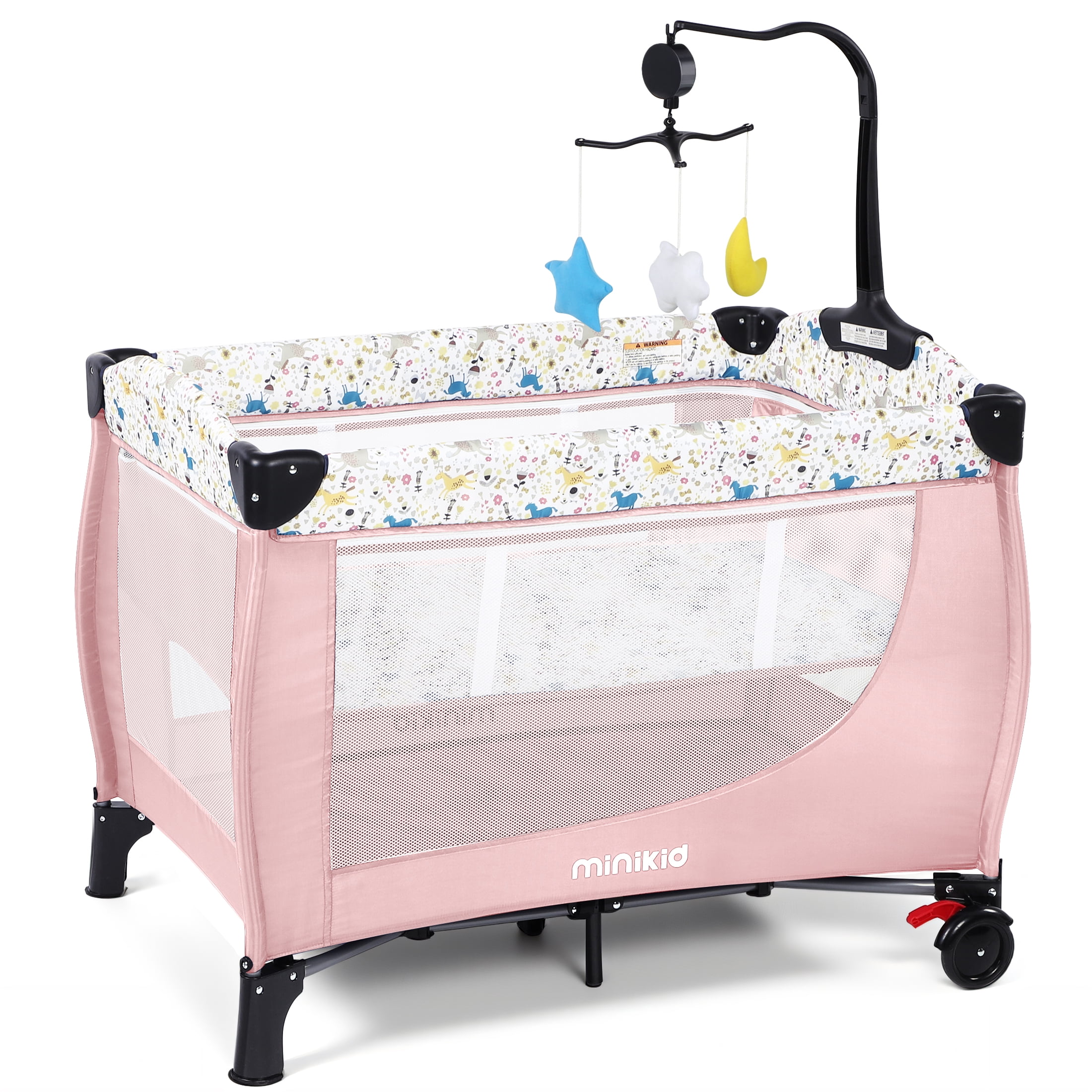 Minikid Baby Playard with Bassinet,Unisex Playpen Include Music Box and Hanging Toys,Portable Crib for Newborn to Toddlers,Pink
