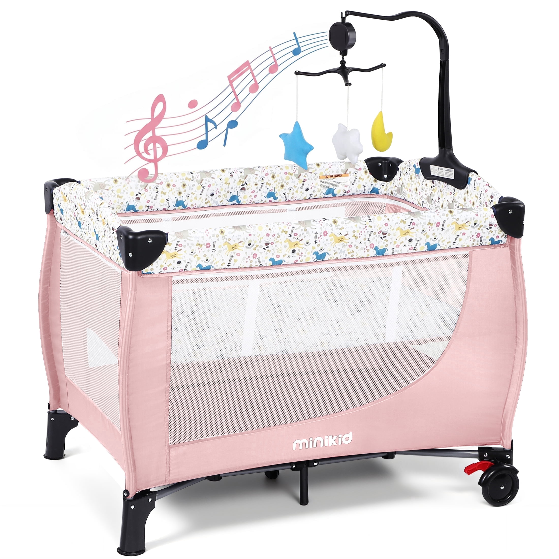 Minikid Baby Playard with Bassinet,Unisex Playpen Include Music 
