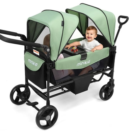 Minikid Baby Stroller Wagon for 2 Kid,Push Wagon Stroller with Canopy,Removable Dinner Plate, 5-Point Harness,Adjustable Handle Bar,Green