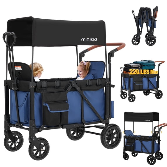 Minikid Baby Wagon Stroller for 2 Kids, Toddler Stroller with Canopy, 5-Point Harness, Adjustable Handlebars, Removable Seat, Blue