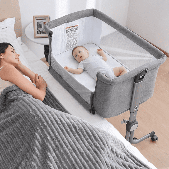 Minikid Portable Baby Bedside Sleeper Bassinet with Waterproof Mattress Pad for Infant Newborn up to 12 Month