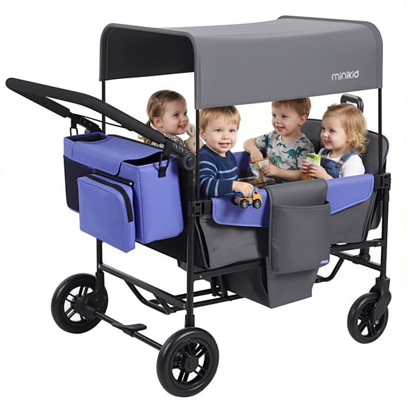 Minikid Baby Stroller Wagon for 4 Kids,Multifunctional Wagon with Detachable Canopy,Adjustable Handlebars,Easy Storage,Dark Grey