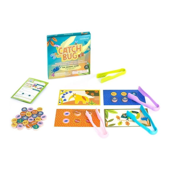 Miniland Board Game for Kids +5, Develops Fine Motor Skills, Come with Wooden Bugs, Tweezers and Game Boards, Children Memory and Pincer Grasp | Catch The Bug