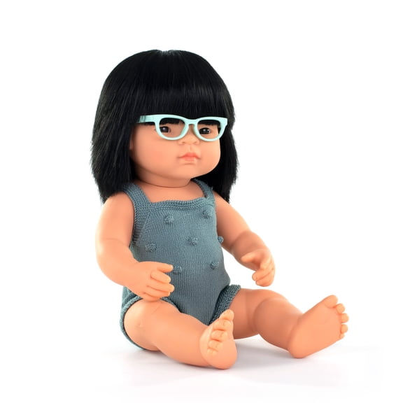 Miniland Doll 15'' Colourful Edition Asian Girl with Glasses with Lead Color Rompers (Box). Vanilla scented quality material made in Spain. Anatomically correct