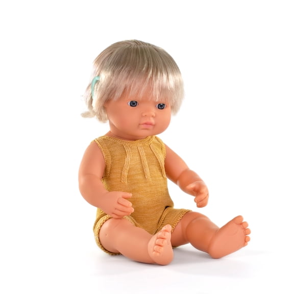 Miniland Doll 15'' Colourful Edition Caucasian Girl with Hearing Implant with Ochre Rompers (Box). Vanilla scented quality material made in Spain. Anatomically correct