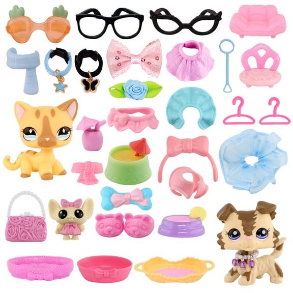Minilpsshop 2pcs Little Cat Dog Figure #886 #2210 and Random 15PCS Mini Accessories Set for lps Pets