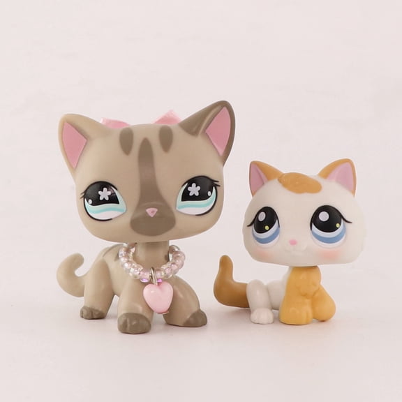 Minilpsshop 2pcs Little Cat Figures Kitten #134 Shorthair Cat #468 with Bow Necklace Accessories