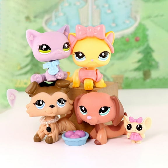 Minilpsshop 4PCS Little Pet Novely Toys Set,Collie #893 Yellow Shorthair Cat #339 Dachshund #2046 Purple Sitting Cat #1994 with Accessories,Bobble Head