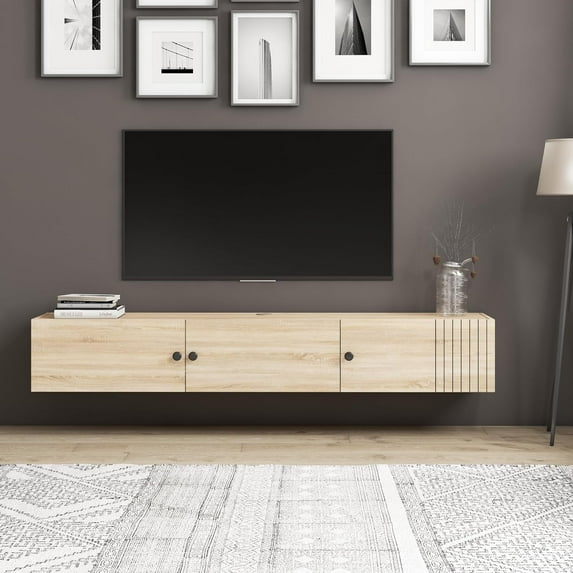MinimaDecor Leo 70 in Floating TV Stand for TVs up to 70 in, 3 Doors, Cable Management, Wood, Oak
