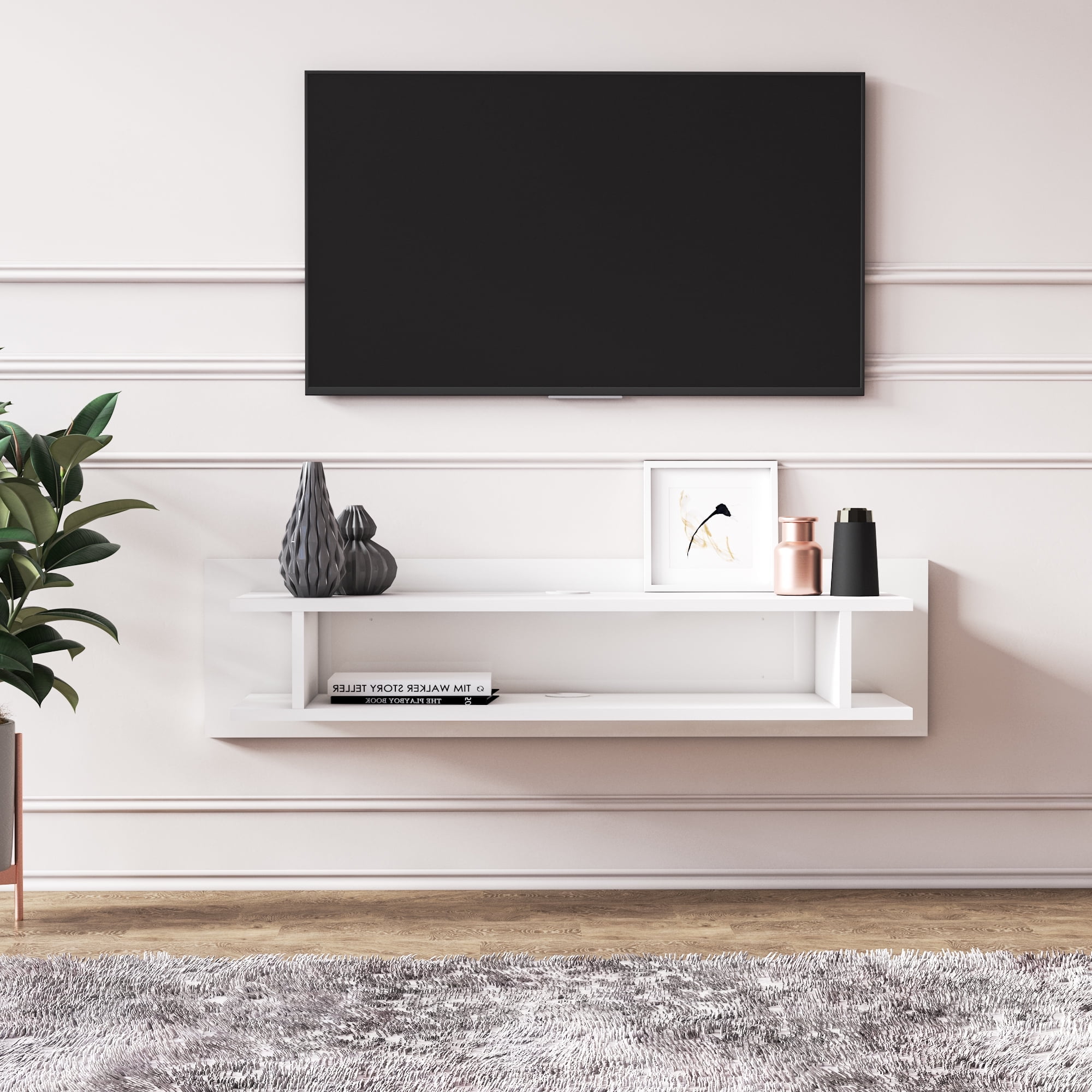 MinimaDecor Lucio 43in Floating TV Stand for TVs up to 55in Floating TV Shelf Glossy White Finish