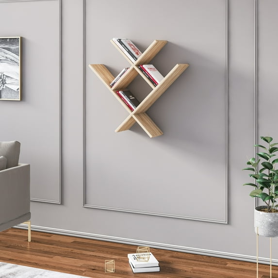 MinimaDecor Valle Farmhouse Wall Mounted Shelf 30", W Shape, 4 Shelves, Modern, Wood, White & Oak