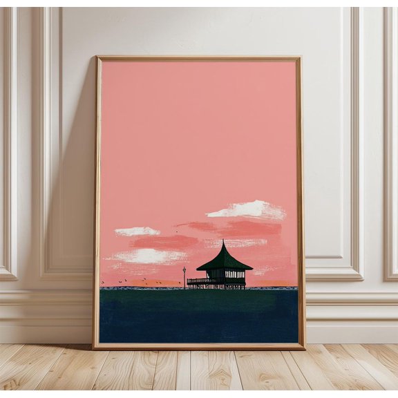 Minimal Beach Hut Pink Sunset Coastal Wall Art Print