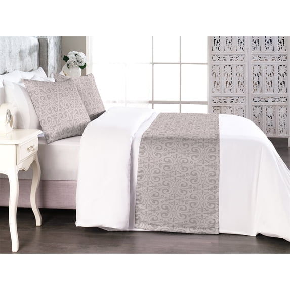 Minimal Bed Runner Set, Simple Swirly Lines of Art Deco Style Neutral Pattern Floral Muted Design, Decorative Bedding Scarf & 2 Pillow Shams for Hotels Homes, King, Mauve and Grey Pink, by Ambesonne