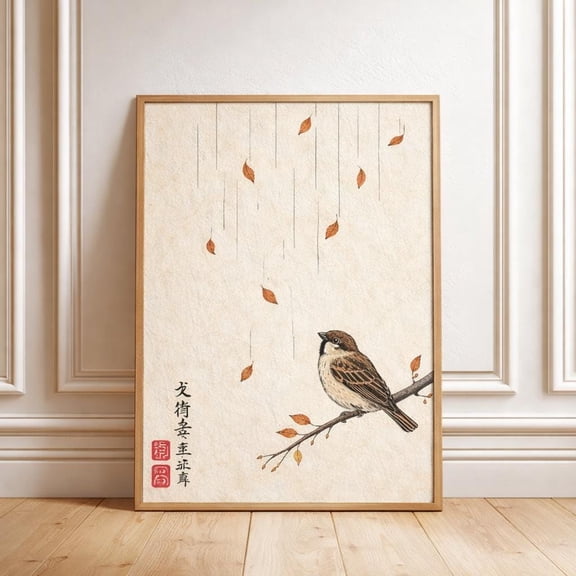 Minimal Bird Illustration With Falling Leaves Neutral Cream Background Zen Home Decor Poster, Poster Home Decor, Poster Only